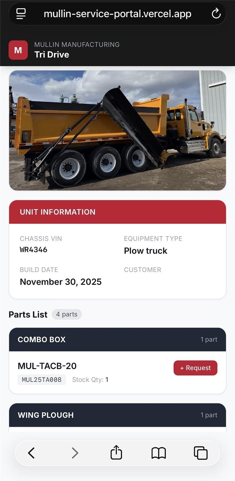 Truck unit record in the Mullin portal